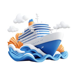 Stylized cruise ship navigating vibrant waves and clouds
