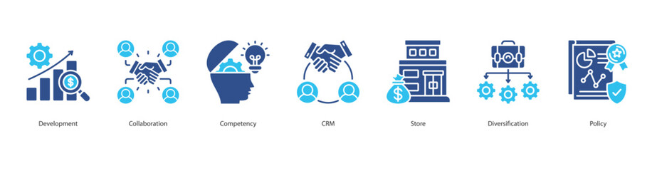 Business Growth Management Icon Set Collection Concept With Icon Of Development, Collaboration, Competency, CRM, Store, Diversification, Policy