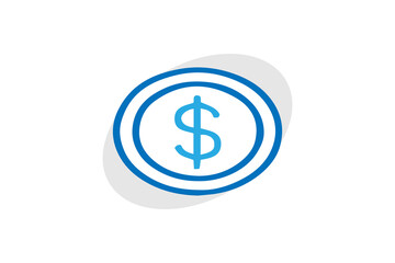 Obraz premium The image displays a simple, modern icon of a coin with a dollar sign ($) in the center. The coin is outlined with two concentric blue circles and a bold dollar symbol in the middle.