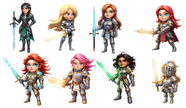 Collection of Diverse Anime Style Female Warriors in Full Armor Holding Magic Swords.