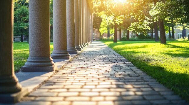 A cobblestone path lined with columns in a park, with sunlight filtering through the trees.
