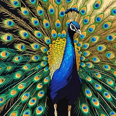 A painting of beautiful peacock on a background of vibrant feathers and bold colors.