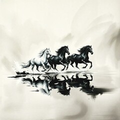 A painting of beautiful horses on a background of graceful reflections and serene waters.