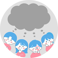 子どもたち　疑問を持つ子どもたちと雲形の吹き出しのイラスト