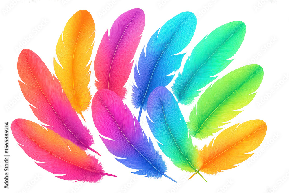 Poster rainbow colored feathers creating a vibrant spectrum on a transparent background, perfect for creati