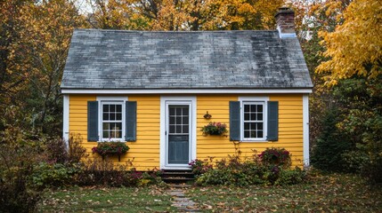 A small, yellow house with a slate roof and shutters, surrounded by autumn foliage.