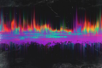 Neon purple and blue gradient texture with glitch art effects, grainy lo-fi noise, retro vaporwave grunge distortion on dark background, abstract digital glitch, retro futuristic design element.