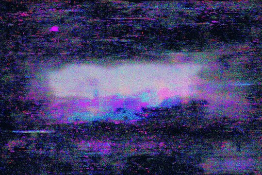 Neon purple and blue gradient texture with glitch art effects, grainy lo-fi noise, retro vaporwave grunge distortion on dark background, abstract digital glitch, retro futuristic design element.