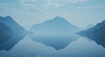 Fototapeta premium Calm Mountain Range Reflected in Blue Water with Hazy Sky