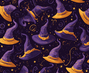 Cute Halloween seamless pattern with witch hats in purple, orange, pink colors. Magical stars and swirls on cream background. Perfect for fall decor, packaging, textiles