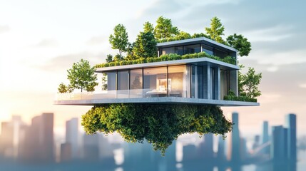 A modern, floating house with greenery on its roof and glass walls, set against a cityscape at sunset.