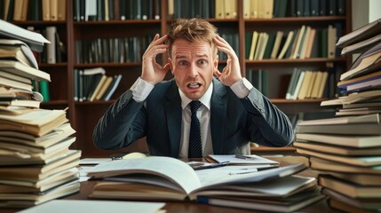 A man in a suit and tie, sitting at a desk with a large stack of books, looking stressed and overwhelmed.