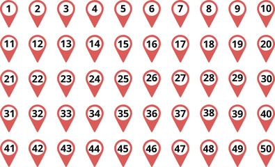 Numbered Location Pin Icon Set – Map Markers 1 to 50 – Vector on Transparent Background