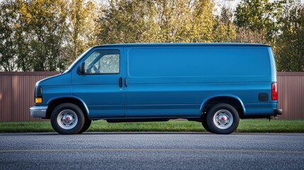 A blue van parked on a paved surface with a grassy area and a wooden fence in the background.