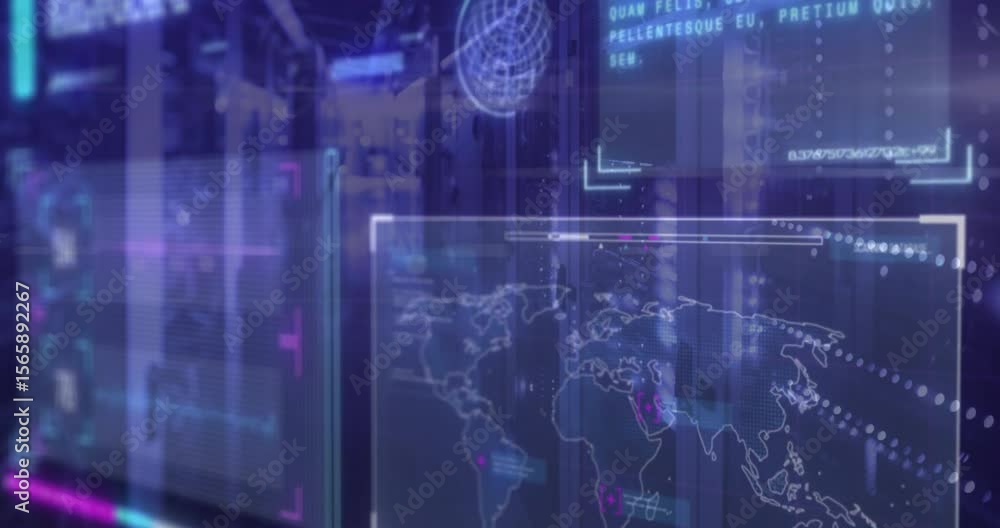 Poster on startup holographic panels appearing one by one, globe rotating, map showing pulsing data flows