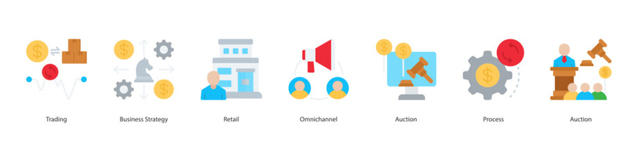 Modern Retail Strategy Icon Set Collection Concept With Icon Of Trading, Business Strategy, Retail, Omnichannel, Auction, Process, Auction