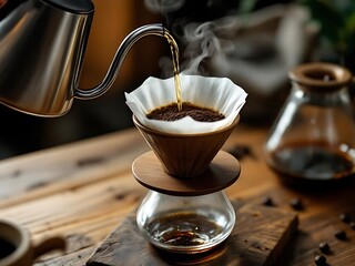 Close-up of manual pour-over coffee brewing with steam and focus on ground beans. Perfect for café visuals, brewing techniques, and lifestyle content