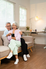 Happy 60s older couple holding  mobile phone video conference calling by social distance virtual family online chat meeting sitting on couch at home.