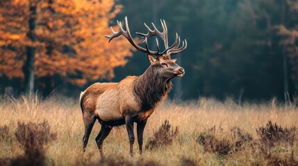A majestic elk stands in a grassy field with autumn-colored trees in the background.