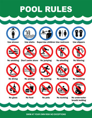 Swimming pool rules warning sign. Prohibited actions in swimming pool with blue and white colors combination