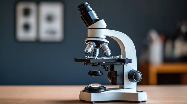 A microscope on a wooden table with a dark background. - Powered by Adobe