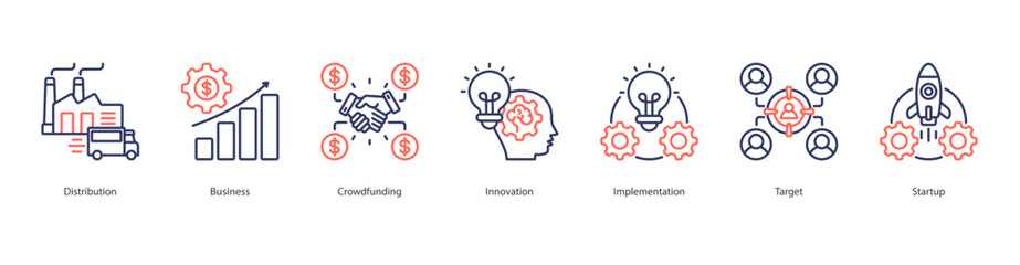 Startup Launch Strategy Icon Set Collection Concept With Icon Of Distribution, Business, Crowdfunding, Innovation, Implementation, Target, Startup