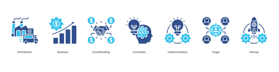 Startup Launch Strategy Icon Set Collection Concept With Icon Of Distribution, Business, Crowdfunding, Innovation, Implementation, Target, Startup