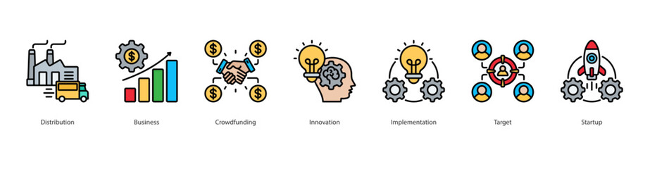 Startup Launch Strategy Icon Set Collection Concept With Icon Of Distribution, Business, Crowdfunding, Innovation, Implementation, Target, Startup