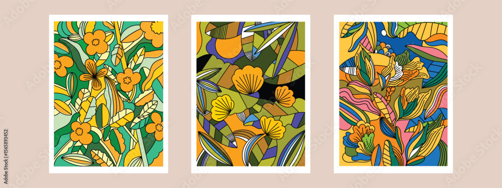 Poster three floral illustrations in white frames with colorful abstract patterns on a neutral background