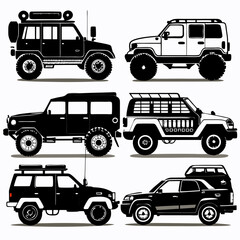 Collection of six off road vehicles in silhouette vector art