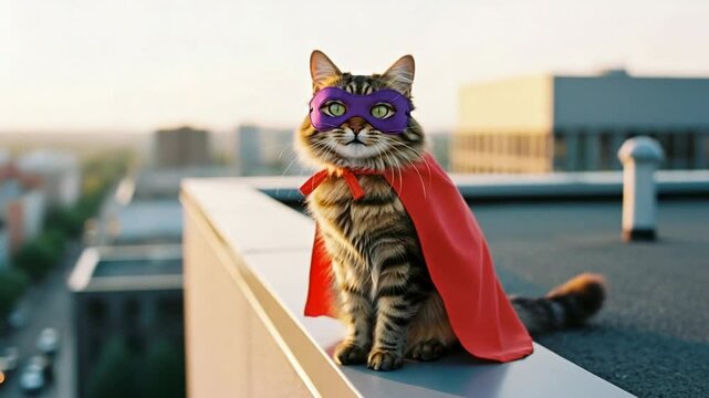 Adorable tabby cat dressed as a superhero with mask and cape on a rooftop overlooking the city