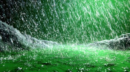 Rain cascading onto a green surface