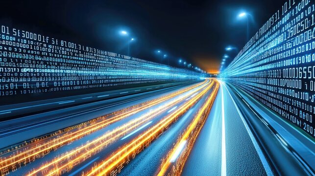 Dynamic data flow urban highway digital art night scene futuristic technology concept

