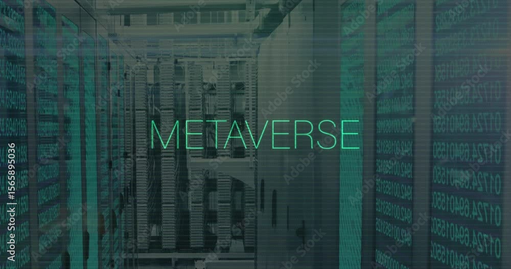 Poster glowing metaverse text appearing over server racks upon code cascade illustrating digital evolution