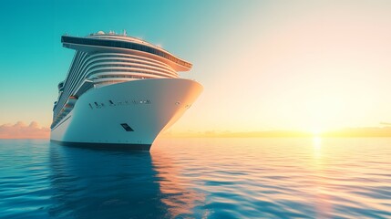 Cruise ship sailing on calm blue water with bright sunlight in the background.