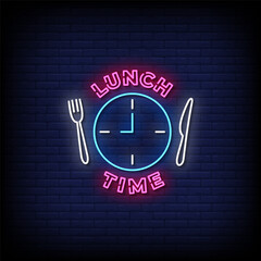 lunch time neon sign with brick wall background vector