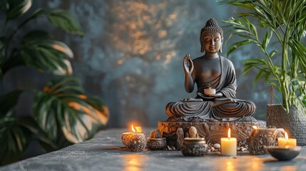 A serene Buddha statue surrounded by candles and plants in a dimly lit room.
