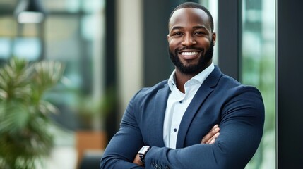 A confident, smiling African American businessman in a suit standing in an office with his arms crossed.