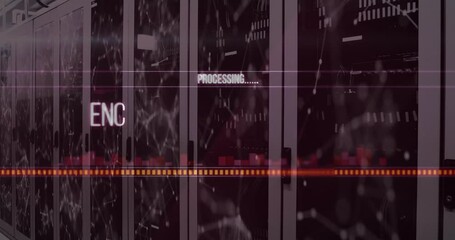 Startup servers animating nodes processing encryption glitching pulsing bar visualizing secure data - Powered by Adobe