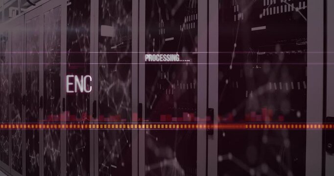 Startup servers animating nodes processing encryption glitching pulsing bar visualizing secure data