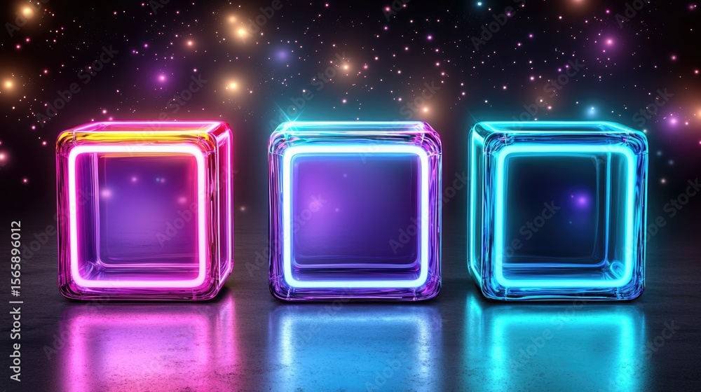 Poster illuminated neon cubes display digital art studio graphic design dark environment close-up view abst