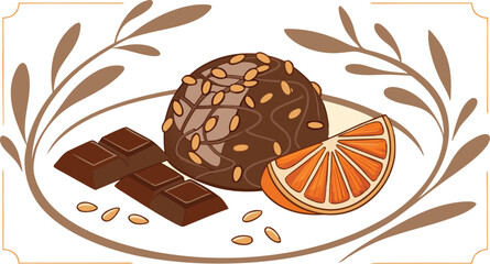 chocolate dessert with orange slice and seed decor