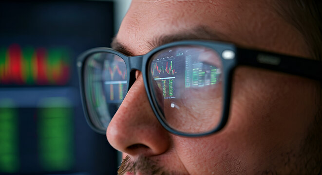 Close-up of a man wearing glasses reflecting stock market data on a computer screen, analyzing financial trends