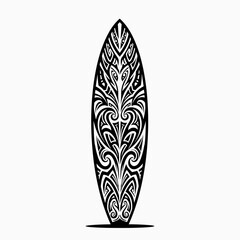 Black-and-white line art of a surfboard decorated with bold tribal-style patterns, featuring symmetrical curves and intricate shapes for a striking visual impact.