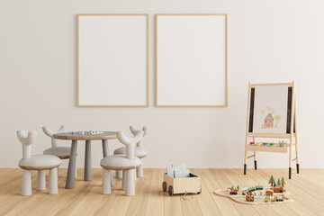 Mockup frame in modern kids room with creative round chairs and table, wooden toys and painting stand