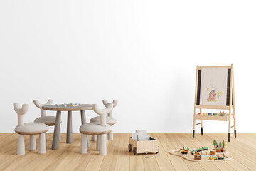 Isolated Kids Art Corner with Round Table and Drawing Easel – Transparent Wall Mockup with Realistic Shadows – 3D render