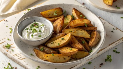 Crispy golden potato wedges served with a creamy dipping sauce and garnished with fresh herbs on a rustic plate