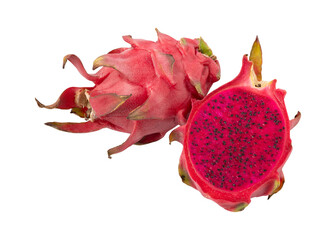 Whole and sliced red fleshed dragon fruit Isolated on transparent background