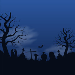 Creepy Halloween night background with tombstones, bats, dry trees and clouds. Horizontal layout with space for text. Vector illustration