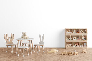Scandinavian Kids Room with Cactus and Bunny Chairs Isolated PNG – Transparent Wall Mockup with Realistic Shadows – 3D render